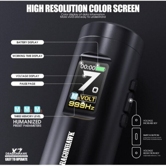 Dragonhawk X7 Wireless Tattoo Pen Kit Rotary Machine 3.5mm Stroke 20Pcs Cartridg - Picture 2 of 9